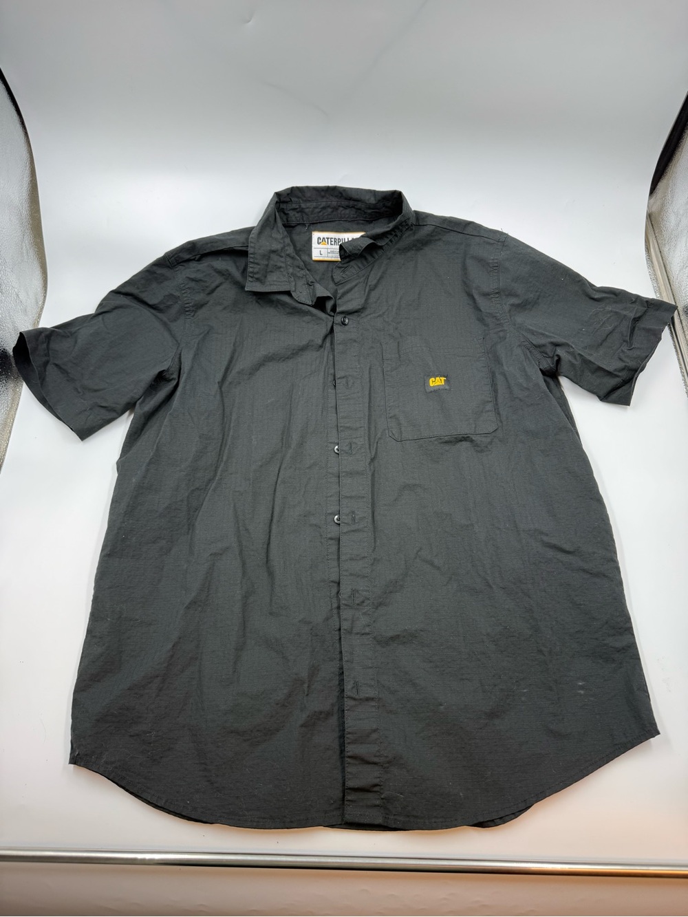 Caterpillar Black Button Up Shirt Patch Pocket Size Lg